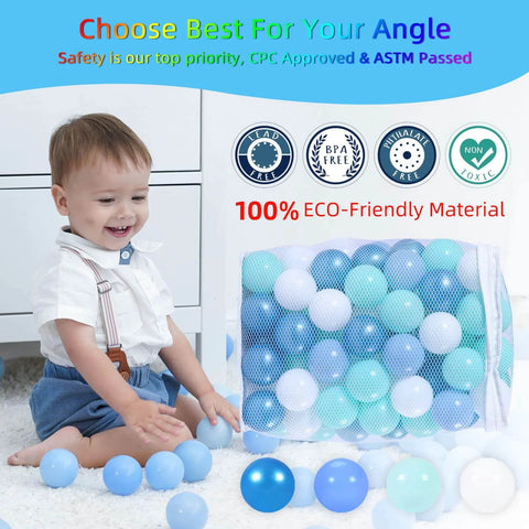 Child playing with Ball Pit Balls for Kids, Plastic Play Balls Blue Balls for Ball Pits, Baby Pool Water Toys, 100pcs with Storage Bag