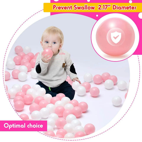 Child playing with 100 Ball Pit Balls for Kids, Plastic Balls for Ball Pit, Play Balls for Toddlers Babies, pink and white balls