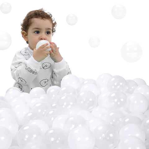 Toddler playing with Ball Pit Balls Phthalate Free BPA Free Non-Toxic Crush Proof Play Balls for Toddlers Kids Pool Playhouse 100-Pack White/Transparent