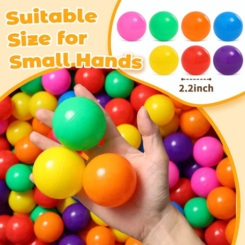 Hand holding colorful ball pit balls for toddlers: 100 Colorful Non-Toxic Balls – BPA-Free, Phthalate-Free, Crush-Resistant Plastic, 2.2 Inches