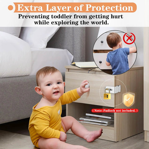 Toddler opening drawer secured with 90 Degree Hasp Lock Latch for Desk Drawers and Cabinets, Right Angle Padlock Clasp in 304 Stainless Steel