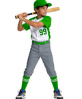 Child wearing grey Knicker Style Toddler And Youth Baseball Pants For Boys And Girls, tee ball practice pants with elastic hem, holding bat.