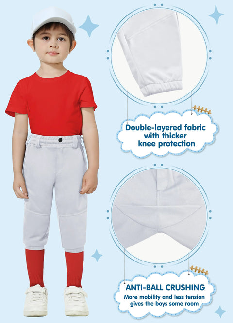 Child wearing Knicker Style Toddler And Youth Baseball Pants For Boys And Girls By MIVEI, knee-length, belt loops, elastic hem.