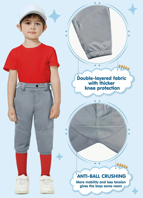 Knicker Style Toddler And Youth Baseball Pants For Boys And Girls with belt loops and knee-length elastic hem, shown on young boy.