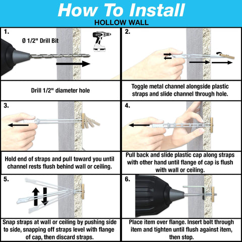 Installation guide for TOGGLER SnapToggle Toggle Anchors, Zinc Plated Steel Channel, heavy duty mounting in hollow walls.