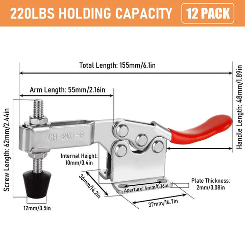 12 Pack 201B Toggle Clamps For Woodworking And Metalworking With Quick Release, Pro Grade 200 Lbs Holding Capacity, dimensions labeled