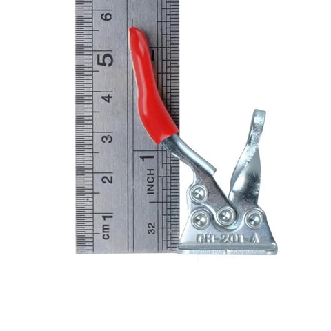 4 Pack Toggle Clamp Set 201A Anti Slip Red Horizontal Hold Down Clamps beside ruler for size reference