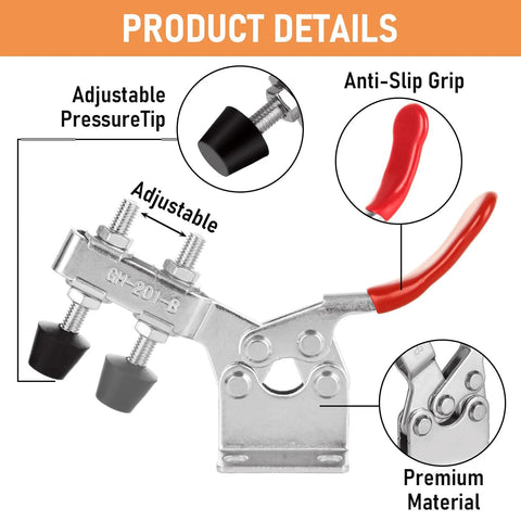 12 Pack 201B Toggle Clamps for Woodworking and Metalworking with quick release, pro grade 200 lbs holding capacity, rubber pressure tips.