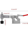 Diagram showing dimensions of Beefy 220 Lbs Heavy Duty Toggle Clamp 201B with zinc plated finish and adjustable rubber tip.