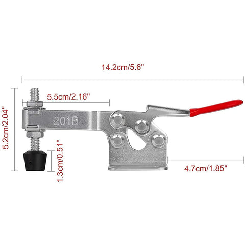 Diagram showing dimensions of Beefy 220 Lbs Heavy Duty Toggle Clamp 201B with zinc plated finish and adjustable rubber tip.
