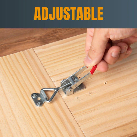 Hand adjusting Four Pack Toggle Clamps With 220 Lb Holding Power And 4001 Adjustable Pull Action Latch on wooden surface