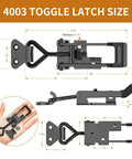 Heavy Duty Toggle Clamp Latch Set 1320 Lb Capacity 4003 Style Quick Release Hasp for Jigs Smokers Cabinets Boxes and Trunk Applications Durable Black Metal for Secure Fastening dimensions shown