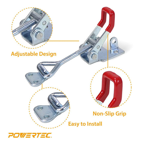 4 Pack Heavy Duty Toggle Clamp Set With 400 Lb Holding Capacity And Adjustable Pull Action Latch 4002 by Powertec, showing adjustable design and non-slip grip.