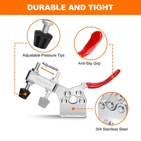 Heavy Duty 10 Pack Toggle Clamps For Woodworking And Welding, showing adjustable rubber tips and anti-slip grip, 220 lbs capacity.