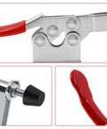 Close-up of Heavy Duty 5 Pack Hold Down Toggle Clamps With Quick Release, red handles and metal components for CNC workholding.