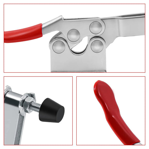 Close-up of Beefed Up 10 Pack Hold Down Toggle Clamps for Woodworking with red vinyl handle, cam clamp mechanism, and rubber tip, SKYCY.