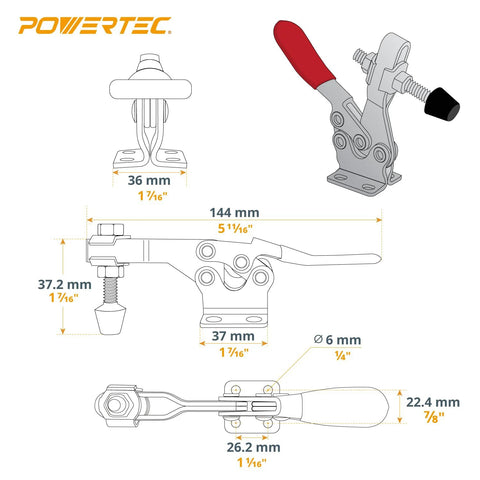 Technical diagram of Built Tough 4 Pack Quick Release Toggle Clamps with 300 lb holding capacity and antislip rubber tip by Powertec.