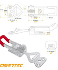 Diagram of POWERTEC 20311V toggle clamp with 220 lb holding power, showing dimensions and adjustable pull action latch for woodworking.