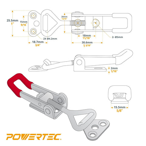 Diagram of POWERTEC 20311V toggle clamp with 220 lb holding power, showing dimensions and adjustable pull action latch for woodworking.