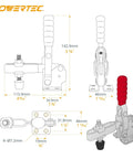 Technical diagram of 2 Pack Toggle Clamps 500 Lb Vertical Quick Release 12130 with red rubber tip, for woodworking jigs.