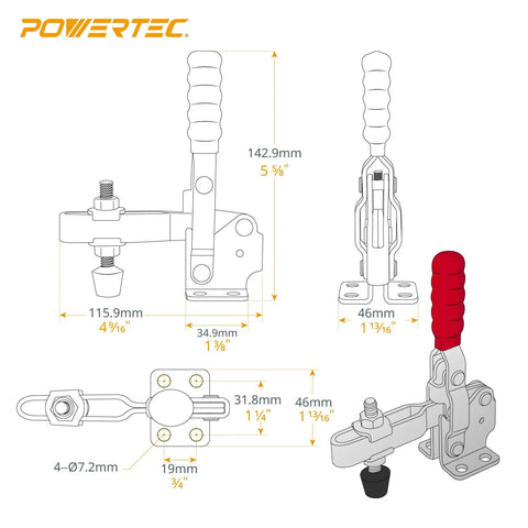 Technical diagram of 2 Pack Toggle Clamps 500 Lb Vertical Quick Release 12130 with red rubber tip, for woodworking jigs.