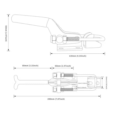 Technical drawing of Heavy Duty Toggle Clamp Set 2000Lbs Cam Lever Latch dimensions in metric and imperial units.