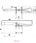 Technical drawing of 4 Piece Horizontal Toggle Clamp Set With Quick Release, 198 Lbs Holding Capacity, Upgraded 201B Long 201BL Model