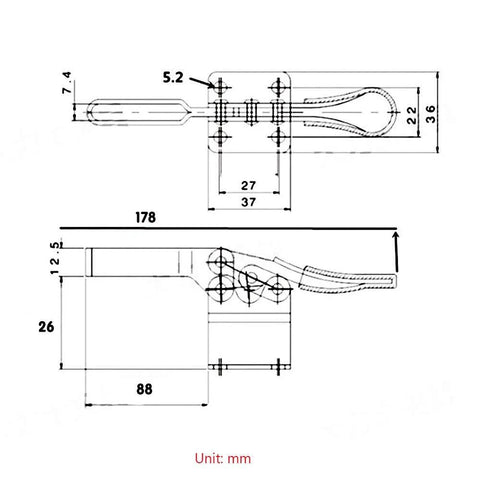 Technical drawing of 4 Piece Horizontal Toggle Clamp Set With Quick Release, 198 Lbs Holding Capacity, Upgraded 201B Long 201BL Model