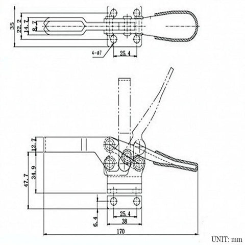 Technical drawing of Heavy Duty Four Pack Quick Release Toggle Clamp Set With Rubber Pressure Tip 198 Lb Holding Capacity For Woodworking