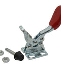 Close-up of 4 Piece Toggle Clamp Set 60 Lbs Holding Capacity 27 Kg 201A Horizontal Quick Release Antislip Hand Tools in silver and red.