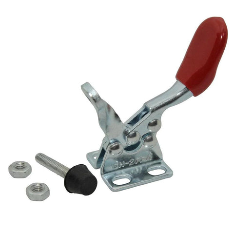 Close-up of 4 Piece Toggle Clamp Set 60 Lbs Holding Capacity 27 Kg 201A Horizontal Quick Release Antislip Hand Tools in silver and red.