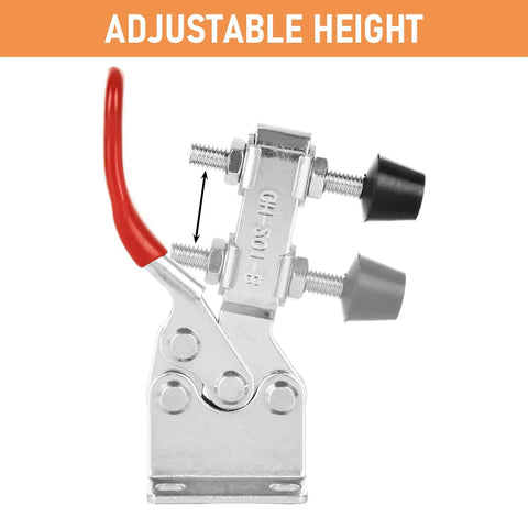 Adjustable height feature of 12 Pack 201B Toggle Clamps For Woodworking And Metalworking With Quick Release, Pro Grade 200 Lbs Holding Capacity, Rubber Pressure Tips.
