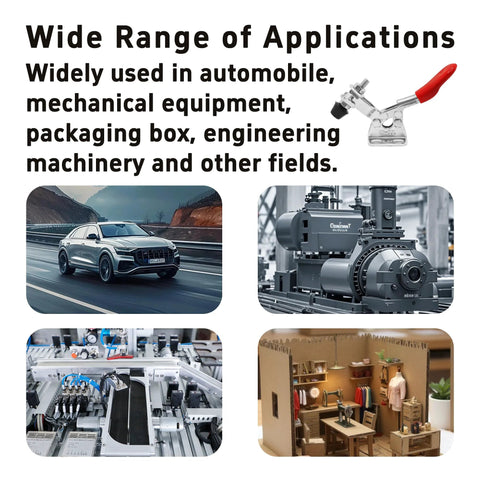Durable 60 Lb Holding Toggle Clamp Kit for woodworking and welding shown with examples of automotive and industrial applications, Runseaway 201A.