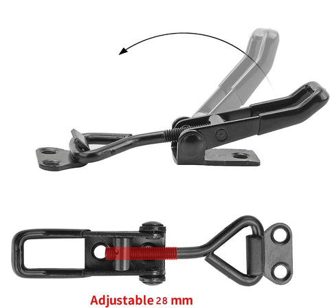 Side view and close-up of Six Pack Toggle Clamp Latch Set 220 Lbs Capacity Adjustable Quick Release Hasp Clamps Black Metal For Cabinets