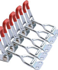 Heavy Duty Toggle Clamp Latch 4001 Style With 150 Kg 330 Lb Holding Capacity, adjustable pull action, silver with red handle.
