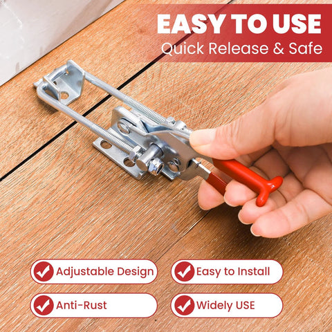 Person using 8 Pack Heavy Duty Toggle Clamp Latches 431 Type Up To 2000 Lbs Holding Capacity, Adjustable U Bolt Self Lock Design on wood surface