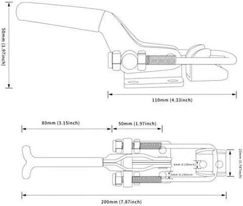 Technical drawing of heavy duty toggle clamp latch holds up to 2000 lbs, 4mm cold rolled steel, showing dimensions and components for installation.