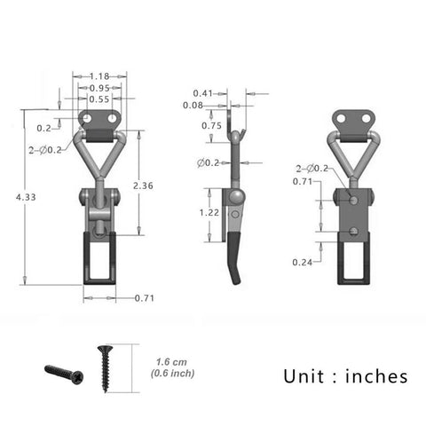 Technical drawing of Six Pack Toggle Clamp Latch Set 220 Lbs Capacity Adjustable Quick Release Hasp Clamps Black Metal For Cabinets