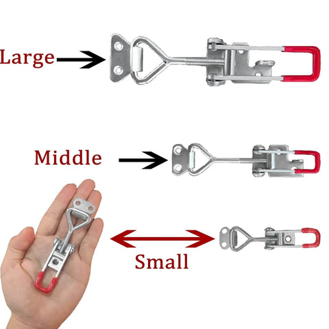Three sizes of Heavy Duty Toggle Clamp Latch 4001 Style With 150 Kg 330 Lb Holding Capacity; shown in hand for scale.