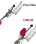 Six Pack Toggle Clamps GH301AM Non Slip Vertical Quick Release Tool Set demonstrating locked and unlocked positions with ruler