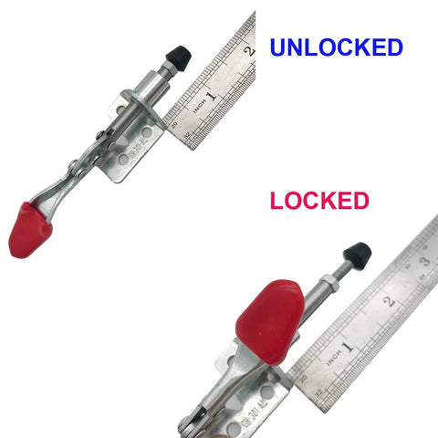 Six Pack Toggle Clamps GH301AM Non Slip Vertical Quick Release Tool Set demonstrating locked and unlocked positions with ruler