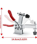 Beefed Up 10 Pack Hold Down Toggle Clamps For Woodworking And CNC Workholding, Quick Release Cam Clamp With 200 Lbs Holding Capacity, Anti Slip Red Vinyl Handle, Vertical And Horizontal Mount, SKYCY showing measurements.