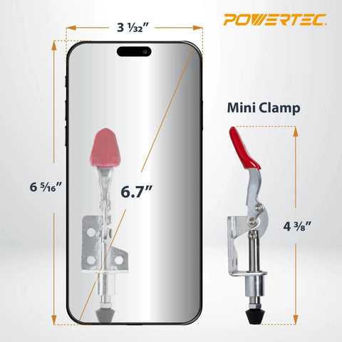Comparison of mini clamp size to smartphone, featuring Dual Toggle Clamp 100 Lb Quick Release Push Pull Clamp for Woodworking Jigs.