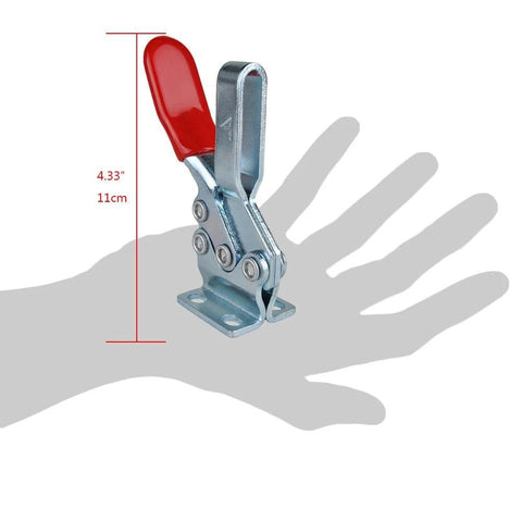 Heavy Duty Four Pack Quick Release Toggle Clamp Set With Rubber Pressure Tip 198 Lb Holding Capacity For Woodworking Jigs And Fixtures Made From Cold Rolled Steel Zinc Plated For Corrosion Resistance ETING GH 225 D shown against hand for size comparison