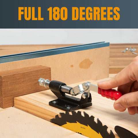POWERTEC push-pull toggle clamp with red handle mounted on a black base for woodworking jigs.