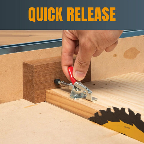 Quick release action of Six Pack Toggle Clamp Set With 100 Lb Holding Power, push pull quick release clamps in woodworking setup.