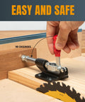 POWERTEC push-pull toggle clamp in use on a woodworking jig; red handle, black base, securing wood pieces.