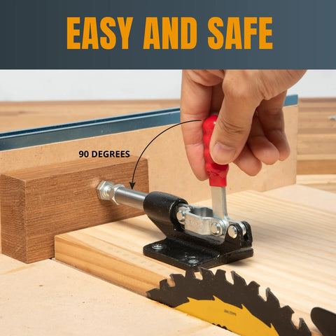 POWERTEC push-pull toggle clamp in use on a woodworking jig; red handle, black base, securing wood pieces.