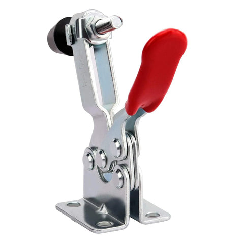 Heavy Duty 12 Pack 201B Toggle Clamps For Woodworking, Quick Release Horizontal Hand Tool Clamp, red antislip handle close-up.