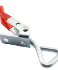Durable latch set with metal clip and plastic grip handle provides a secure, comfortable grip; small side-mount toggle clamp in red handle.